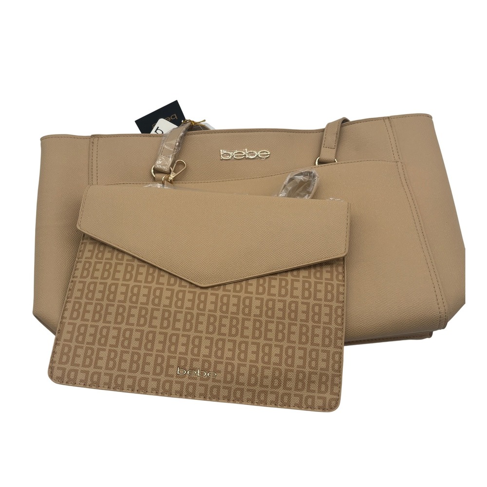 $140 NEW Bebe 2n1 Tan Tote Bag w Logo Pouch Removable Crossbody Shoulder Handbag